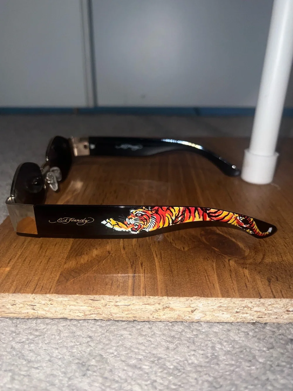 Ed Hardy hexagonal sunglasses featuring a striking tattoo-style tiger graphic